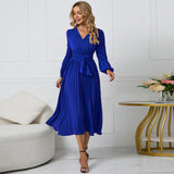 Women Date Dress Sexy V-neck Bubble Lantern Sleeve Pleated Skirt