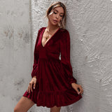Women Dress Green Deep V-neck Puff Sleeve Velvet Dress
