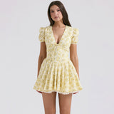Women Dresses Sexy Deep V Short Sleeve Floral Summer Dress (Lbk0409)