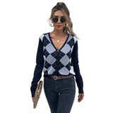 Women Knitted Sweater Autumn Long Sleeve Diamond Plaid V-neck Cardigan Knitted Sweater Coat
