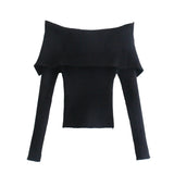 Women Sweater Knitwear Lapel Sweater Autumn Winter Sexy off-the-Shoulder Fold Collar Long Sleeve Sweater