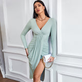 Women Dress Spring and Summer Leisure Slim Sheath V-neck Knitted Dress