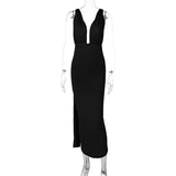 Women Dresses Summer Sexy Deep V-neck Backless Fold Split Dress