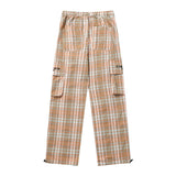 Men Sweatpants Plaid Casual Trousers Multi-Pocket Workwear Straight-Leg Pants