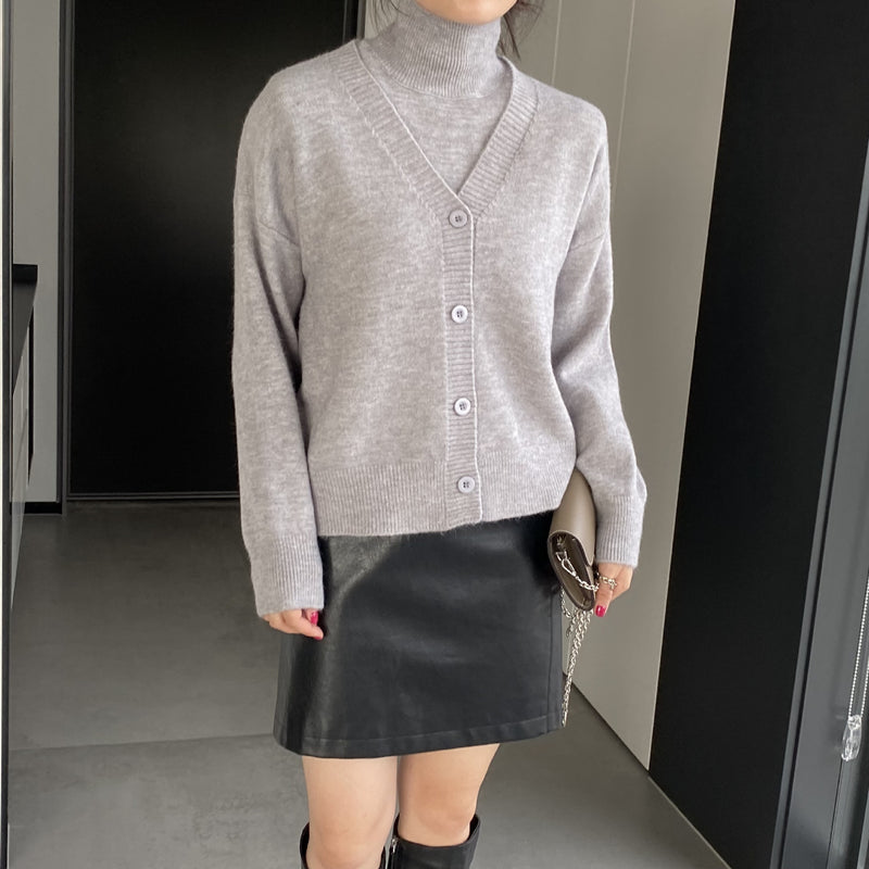 Women Knitted Two-Piece Set Turtleneck Vest Cardigan Knitted Two-Piece X3050