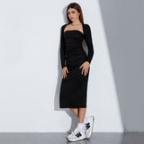 Women Dress Fall/Winter Hip-Wrapped Mid-Length Dress Sexy Long Sleeve Two-Piece Set Dress
