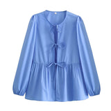 Women Tops Summer Puff Sleeve Bow Lace-up Shirt Mid-Length Top