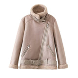 Women Leather Jacket Winter Lapel Long Sleeve Oblique Zipper Belt Coat Leather Coat