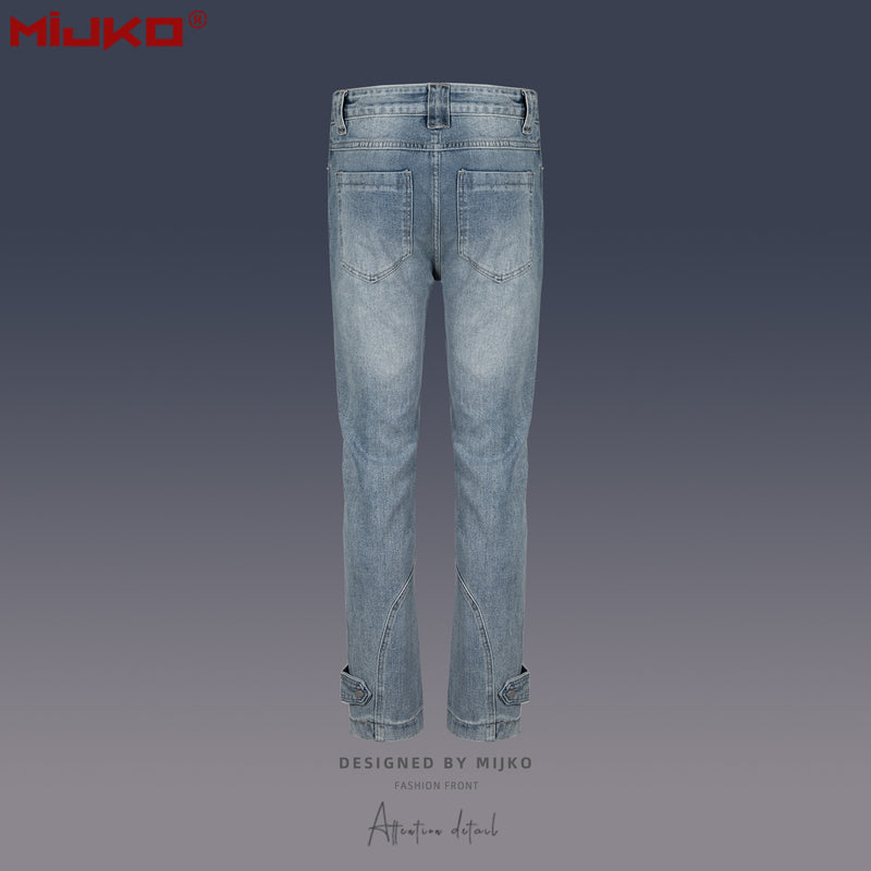 MIJKO Mens Vintage Pants Slim-Fit Zip Wide-Foot Jeans