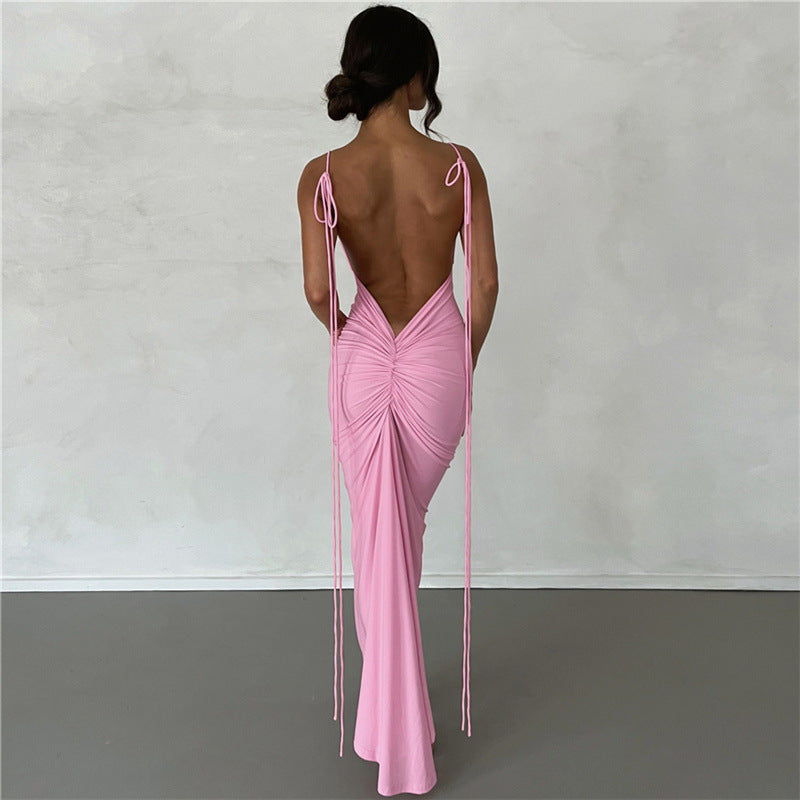 Women Dresses Summer Sexy Suspenders Backless Slim Fit Sheath Dress (Bla0420)