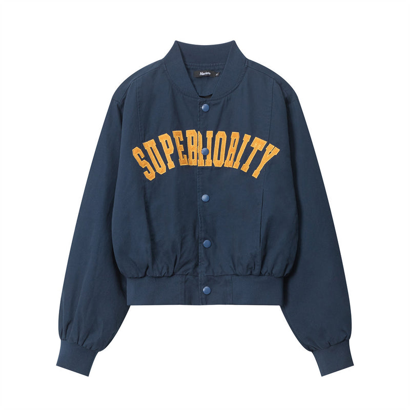 Women Jacket Letter Affixed Cloth Embroidered Baseball Uniform Jacket Loose Stand Collar Long Sleeve Jacket