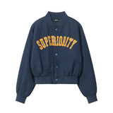 Women Jacket Letter Affixed Cloth Embroidered Baseball Uniform Jacket Loose Stand Collar Long Sleeve Jacket