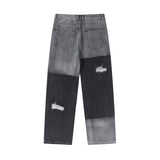 Men Jeans Vintage Distressed Color Block Water Washed Hole Straight Jeans