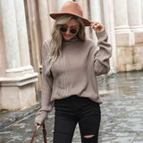 Women Knitted Sweater Autumn Long Sleeve Cable-Knit Turtleneck Sweater Loose