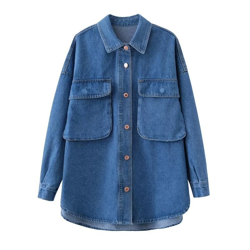Women Jacket Retro Denim Shirt Jacket Spring and Autumn Lapel Loose Shirt