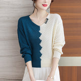 Women Knitwear Spring and Autumn V-neck Color Matching Sweater Loose Sweater