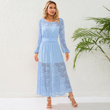 Women Date Dress Autumn Winter Sexy Long Sleeve round Neck Lace Long Dress Dress