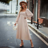 Women Dress Square Collar Long Sleeve Dress