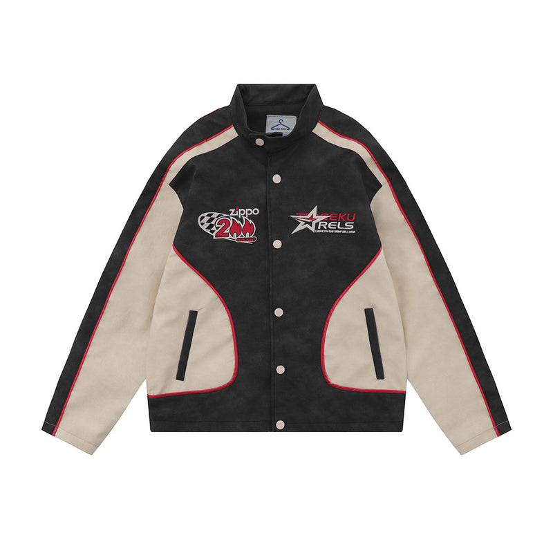 Men Jacket Coat Locomotive Style Leather Coat Male Letter Color Contrast Patchwork