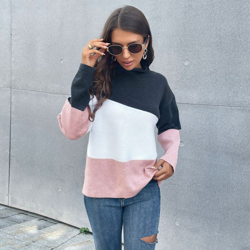Women Knitted Sweater Autumn Knitted Color Matching Turtleneck Long-Sleeved Bottoming Sweater