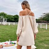 Women Dress Spring/Summer Loose Casual Short Skirt off-Shoulder Braces Long Sleeve Dress
