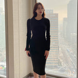 Women Maxi Dress Spring and Autumn round Neck Slim Mid-Length Hip Knitwear Dress