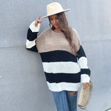 Women Knitted Sweater Fall Mid-Length Women's Striped round Neck Knitted Sweater