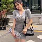 Women Dresses V-neck Pleated Cross Dress Hip Skirt Short Sleeves and Skirt