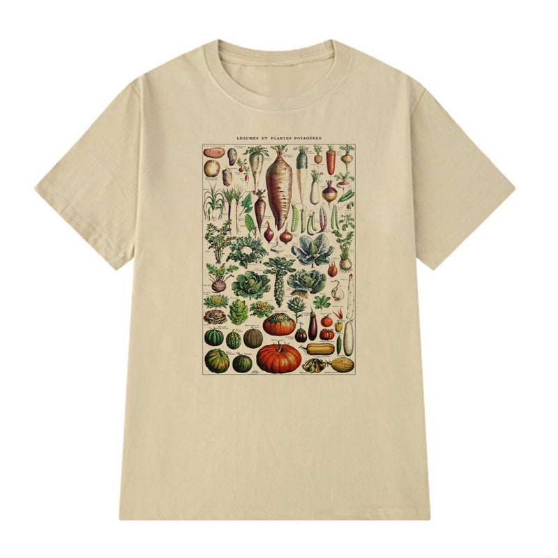 Casual Floral Print Top Vintage Vegetable Illustration