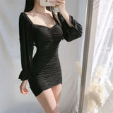 Women Dresses Puff Sleeve V-neck Pleated Dress