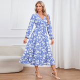Women Date Dress Floral Dress Autumn and Winter V-neck A- line Skirt