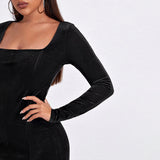 Women Dress Sexy Square-Neck Hip Skirt Velvet Long Sleeves Dress
