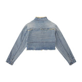 Women Jacket Short Frayed Hem Denim Jacket