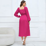 Women Date Dress Slim-Fit Long Sleeve V-neck Lace-up A- line Dress Lantern Sleeve Dress