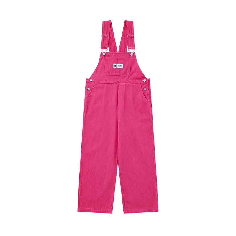 Women Pants Solid Color Denim Suspender Pants Casual Pocket Wide-Leg Straight Trousers