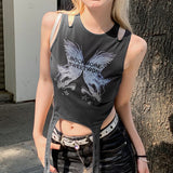 Women T-shirt Butterfly Print Slim-Fit Ribbon Thread Vest