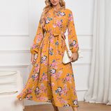 Women Date Dress Autumn Long Sleeve Lace Stand Collar Belt Long Dress
