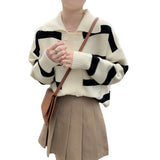 Women Knitwear Spring Polo Collar Stripes Sweater Loose Knitted Cardigan