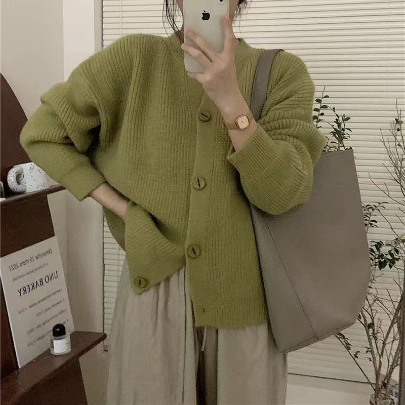 Women Knitted Cardigan round Neck Solid Color Knitted Button Cardigan Loose Casual Sweater Coat
