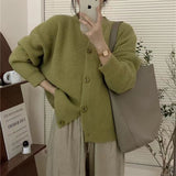 Women Knitted Cardigan round Neck Solid Color Knitted Button Cardigan Loose Casual Sweater Coat