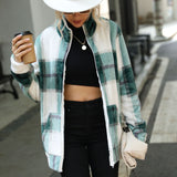 Women Trench Coat Long Style Long Sleeve Stand Collar Plaid Loose Zip Gold Mink Plush Coat