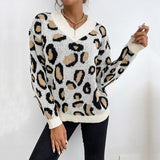 Women Knitted Sweater Autumn and Winter Knitting Long Sleeve Leopard-Print Sweater