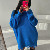 Ladies Leisure Knitwear Loose Solid Color Ripped Sweater round Neck Pullover Long Sleeve Sweater