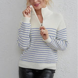 Women Knitted Sweater Autumn and Winter Turtleneck Striped Color Matching Long Sleeve Zipper Pullover Knitted Sweater