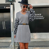 Women Knitted Sweater Leopard Print Stud for Autumn and Winter Woolen Skirt