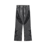 Men Jeans Five-Pointed Star PU Leather Patchwork Straight Jeans Men