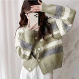 Women Knitwear Autumn and Winter Striped round Neck Sweater Loose Knitted Cardigan