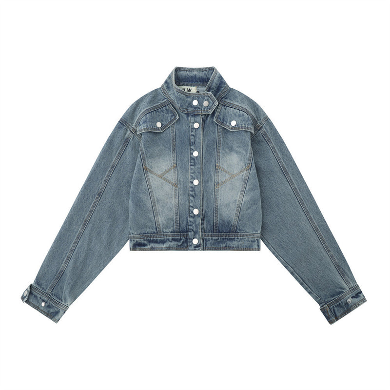Women Jacket Distressed Short Denim Jacket Autumn Leisure Stand Collar Denim Clothes Jacket