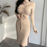 Women Dresses V-neck Pleated Drawstring Cropped Hip Skirt Long Sleeve Dress