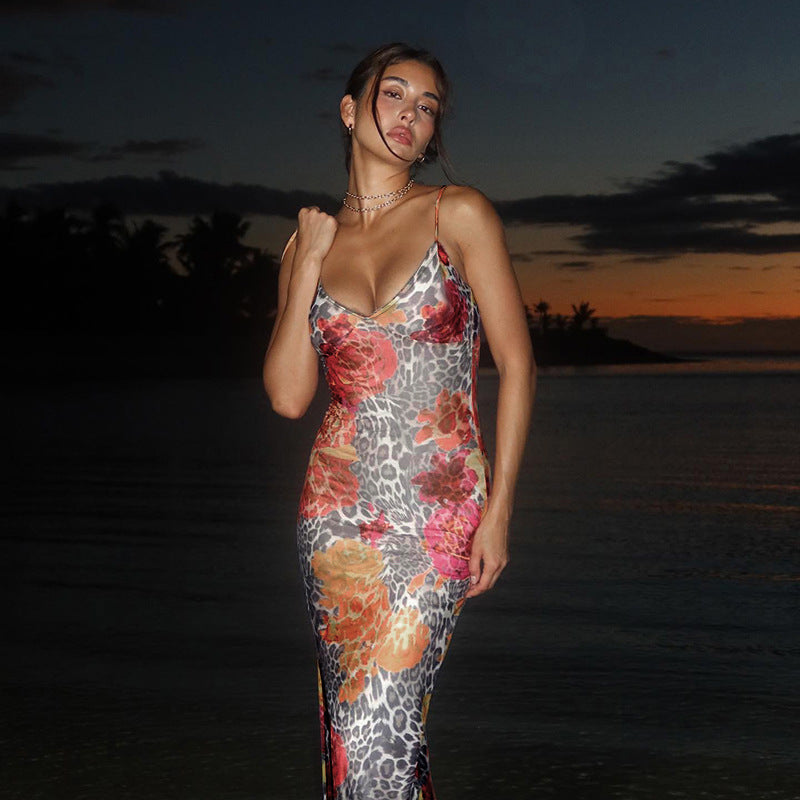 Women Dresses Summer Slim Fit Long Dress Sexy Leopard Strap Dress
